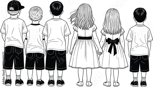 Black vector line art of diverse school children seen from behind standing in a row for childhood education friendship youth lifestyle and community branding