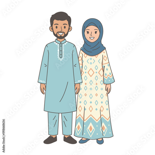 Muslim couple wearing traditional modest clothing, flat vector illustration isolated on white backgroundd