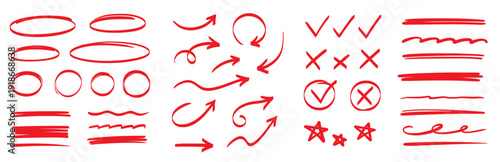 Hand drawn pen line highlight red set. Line red hand drawn pen marker stroke underline, arrow, check mark emphasis. Round oval, circle scribble frame, arrow elements . Vector illustration