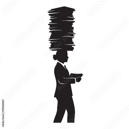 Silhouette of businesswoman carrying stack of papers on head while holding document, overloaded with work