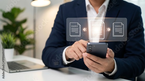 Businessman uses smartphone application for digital invoice processing and document transfer efficiency