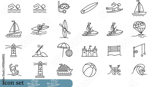 Print Comprehensive Summer Beach and Marine Activity Icon Set Featuring Water Sports Coastal Landmarks and Nautical Vacation Symbols