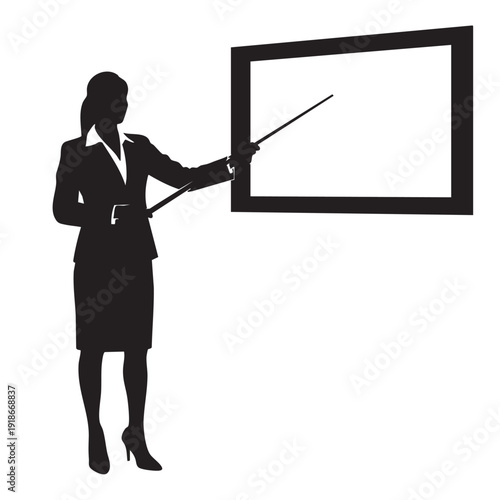 Businesswoman presenting with a pointer stick in front of a blank screen, female teacher silhouette giving a lecture, isolated on white background