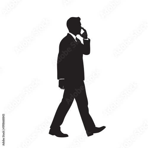 Businessman walking silhouette with hand to face, side view of a male figure in a suit, isolated on white background, black and white vector illustration for business themes