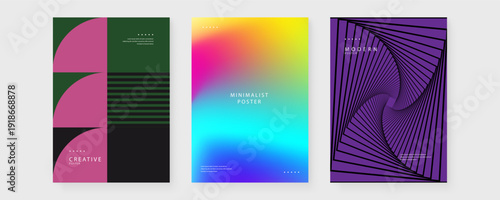 A creative set of three posters featuring brutalist shapes a vibrant blurred gradient and a purple geometric vortex