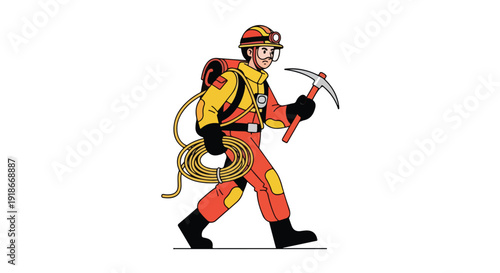 A cartoon miner wearing an orange and yellow jumpsuit and helmet walks while carrying a pickaxe and coiled rope.