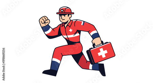 Cartoon illustration of a male emergency responder in a red uniform running with a first aid kit on a white background.