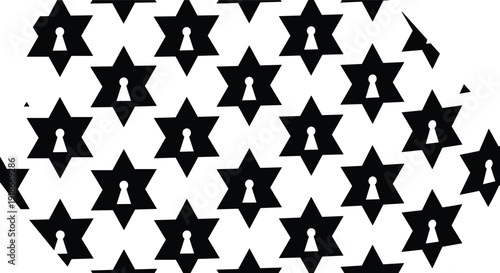 Star of David Pattern with Keyhole Symbol Repeating Background Design in Black and White Geometric Vector Illustration