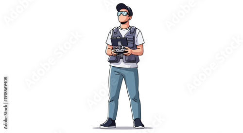 Illustration of a man wearing virtual reality goggles and holding a controller on a plain white background.