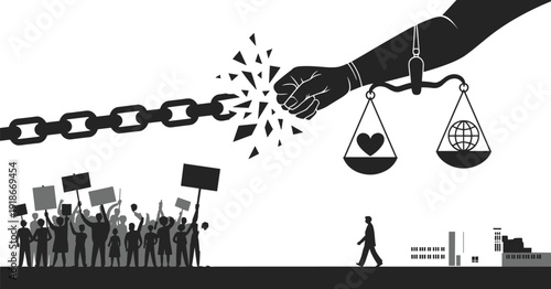 Black vector silhouette illustration of a fist breaking chains with protesters and scales of justice for human rights activism freedom and social equality branding