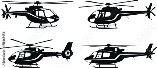 Helicopter Silhouette Set with Military and Rescue Chopper Side View Black Vector Illustrations for Aviation, Transport, and Emergency Design