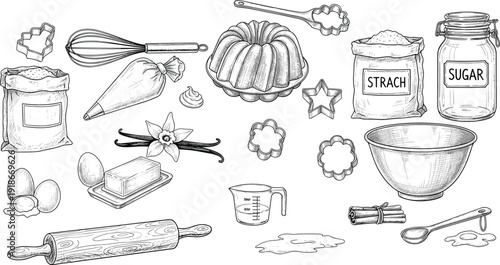Hand drawn baking tools illustration, vintage kitchen utensils sketch, rolling pin whisk sugar jar flour bowl pastry ingredients outline collection