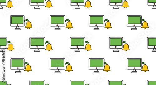 Computer Notification Alert Icon Set with Desktop Monitor and Bell Reminder Symbols for System Messages, Updates, and Online Communication Design