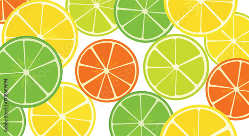 Vibrant flat lay of assorted citrus fruit slices in green, orange, and yellow hues on a white background.