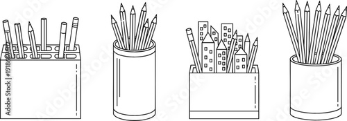 Pencil Holder and Stationery Organizer Line Icon Set with Drawing Pencils, Rulers, and Office Supplies for School and Workplace Design