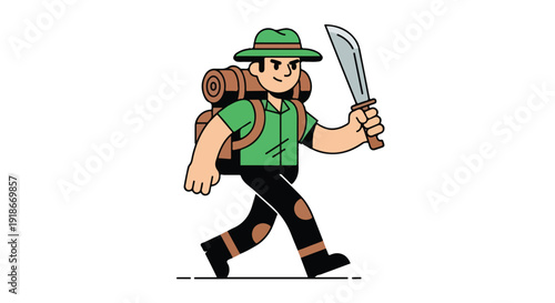 A cartoon hiker walking with a large backpack and holding a machete against a white background with a playful and adventurous mood.