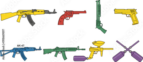 Colorful Firearm and Weapon Icon Set with Rifles, Pistols, Revolver, AK47, Paintball Gun, and Tactical Defense Equipment Vector Illustration