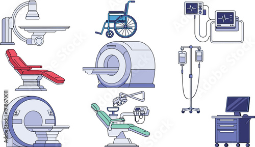 Medical equipment flat illustration set, hospital MRI scanner wheelchair dental chair monitors healthcare technology clinic vector icon collection design