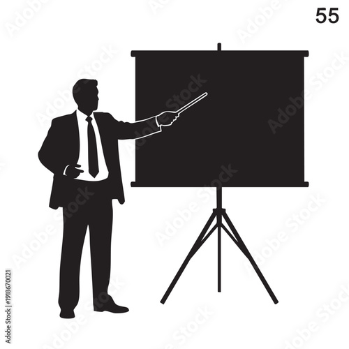 Businessman silhouette presenting on a tripod screen, holding a pointer, a clear illustration of a corporate presentation, teaching, or delivering a business report