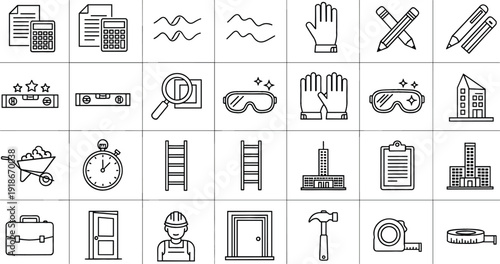 Construction and Home Improvement Line Icon Set with Tools, Safety Equipment, Building Materials, Architecture Elements, and Repair Symbols for Industrial Design