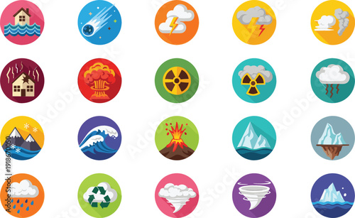 Natural Disaster and Extreme Weather Icon Set with Earthquake, Flood, Tornado, Volcanic Eruption, Lightning, Tsunami, and Climate Hazard Symbols