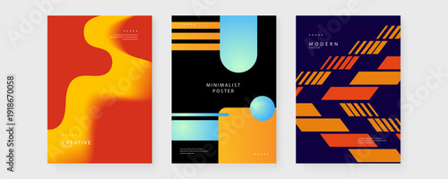 Collection of three posters featuring a mix of fluid wavy textures and rigid geometric shapes in orange, black, and navy blue
