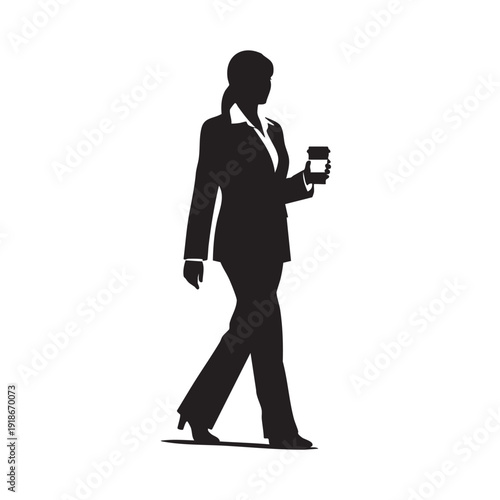Silhouette of businesswoman walking with coffee cup in hand, professional attire, elegant stride, morning commute, focused on career goals, daily routine