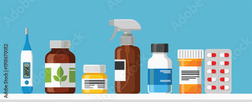 Medical supplies illustration with thermometer medicine bottles spray pills blister pack healthcare pharmacy treatment concept flat vector isolated background design