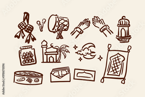 Hand drawn doodle collection of Eid Al-Fitr or Idulfitri