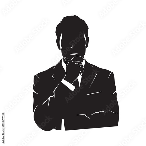 Silhouette of businessman in suit touching chin thoughtfully, representing business contemplation, decision making, and strategic planning with focus and determination.