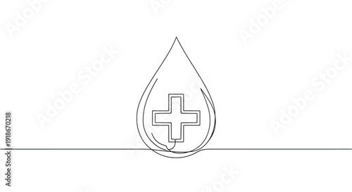 Blood drop with plus symbol, continuous line art