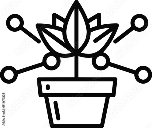 Smart Plant Technology Line Icon with Connected Potted Leaf Symbol Representing IoT Agriculture, Digital Gardening, and Sustainable Innovation Concept