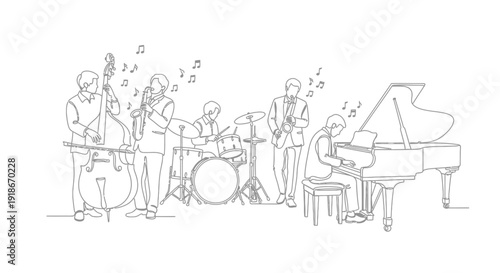 Jazz Band Performing Music Line Art Illustration