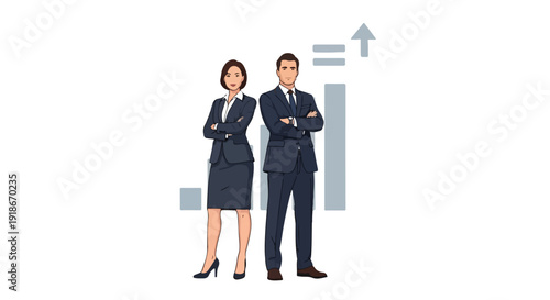 Illustration of a confident businesswoman and businessman standing with arms crossed in front of a rising bar graph on a white background.