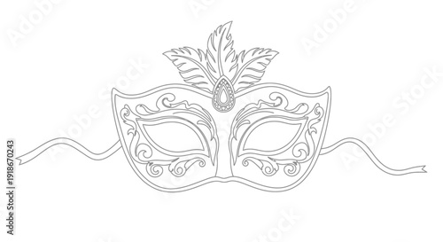 Ornate Masquerade Mask with Feathers Line Art