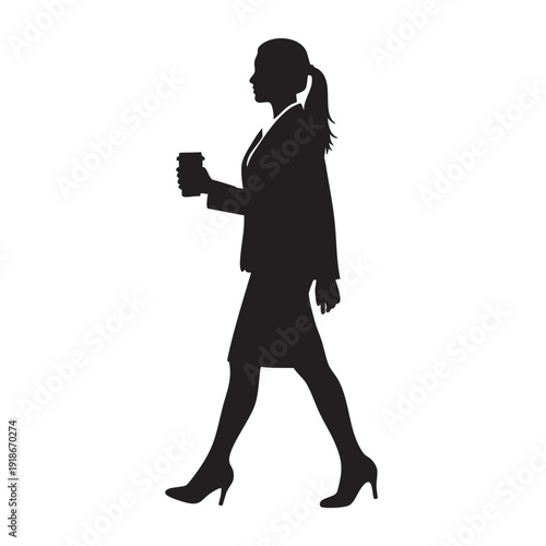 Business woman silhouette walking with coffee cup representing busy lifestyle morning routine professional career female empowerment work balance commuting to office and corporate success daily task