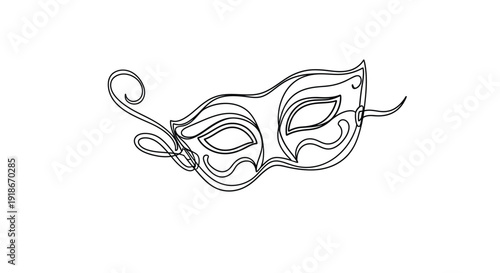 Ornate Masquerade Mask with Ribbons Line Art