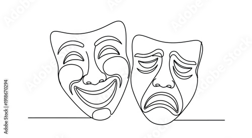 Comedy and Tragedy Theater Masks Line Art