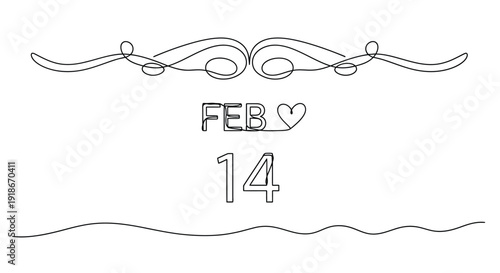 Valentine's Day Feb 14 date, single line festive design