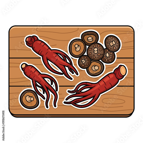 Illustration of red chili peppers and spices on a wooden board viewed from above