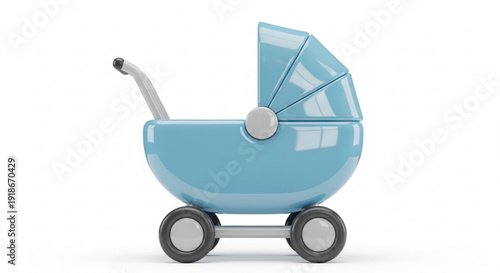 Baby stroller in light blue color with gray handle and wheels on white background
