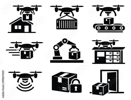 Modern glyph logistics and delivery icon set featuring drones, packages, automation, and security for e-commerce operations