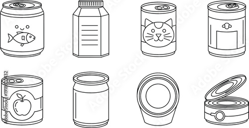 Canned Food and Pet Food Line Icon Set with Tin Containers, Preserved Goods, Cat and Fish Labels for Grocery Packaging Design