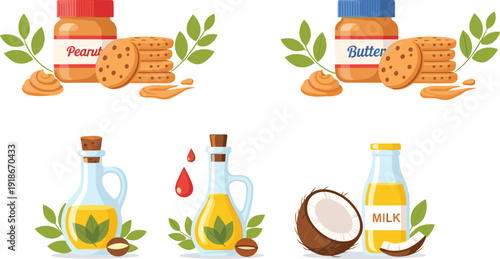 Nut butter and plant based oil illustration set with peanut butter cookies coconut milk glass bottle healthy food collection vector