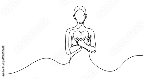 Person holding heart, self care and love, single line art