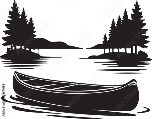 Canoe floating on wilderness lake surrounded by pine tree silhouettes for camping and nature