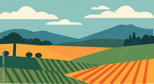 Vibrant illustration of a countryside landscape with rolling hills and fields