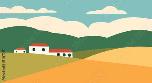 Illustration of a rural landscape with houses and rolling hills