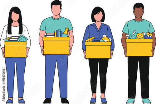 People holding donation boxes flat vector illustration set with volunteers charity concept humanitarian aid community support clothing toys supplies collection