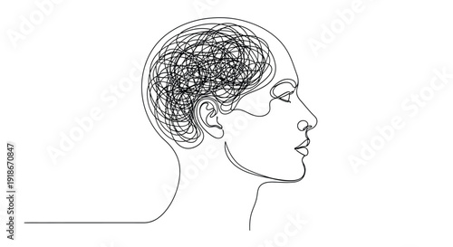 Profile of head with tangled brain in continuous line art